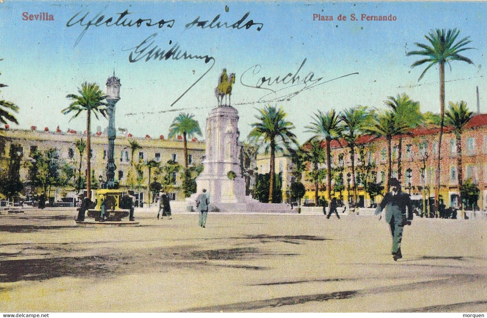 53968. Postal SEVILLA 1925. Alfonso XIII Vaquer. Rodillo Mudo. Vista Plaza San Fernando, Animada - Briefe U. Dokumente