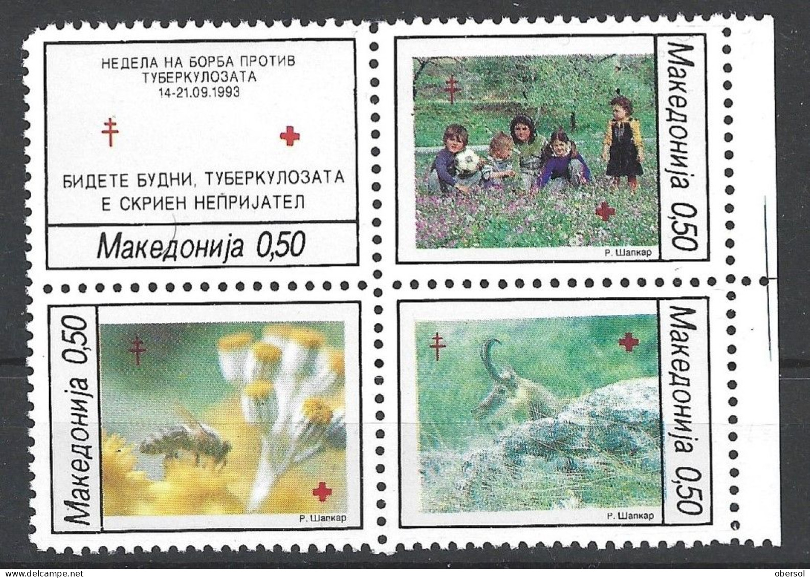 Macedonia 1993 Red Cross Tuberculosis Bee Insects Flowers Animals Complete Block Of Four MNH - Nordmazedonien