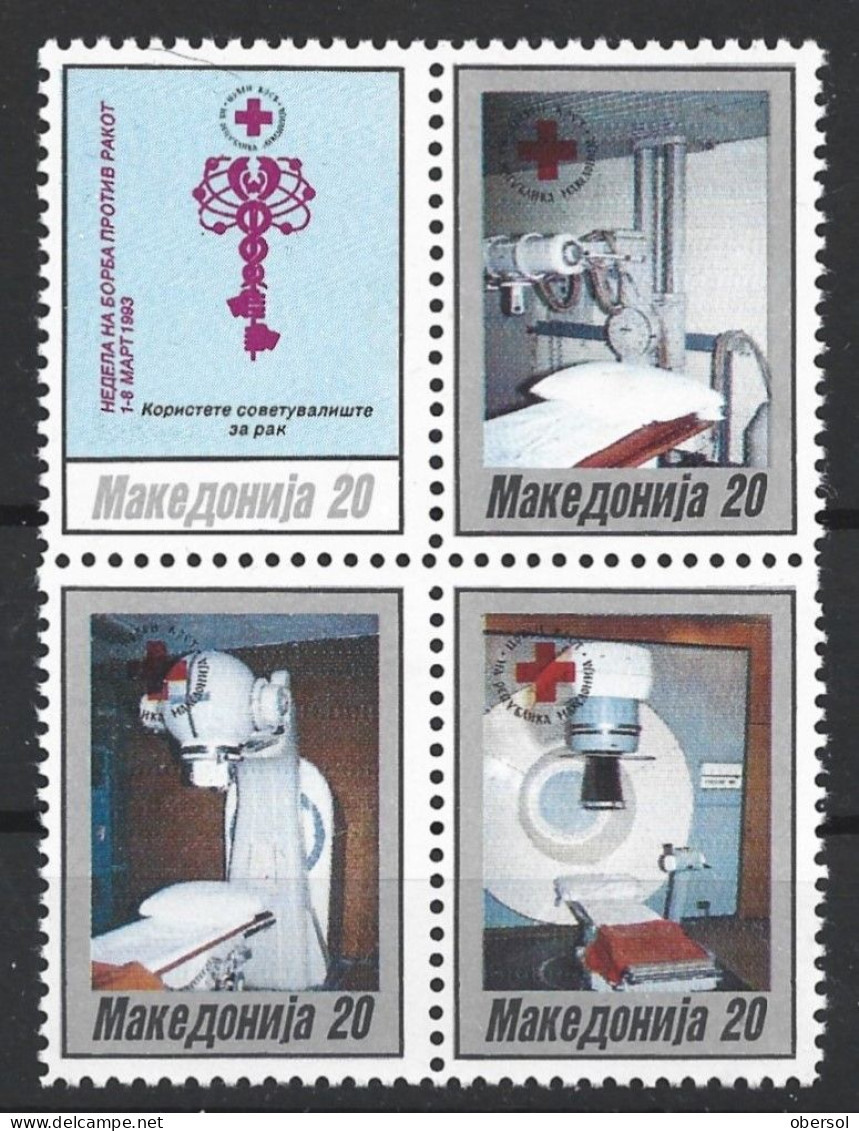 Macedonia 1993 Red Cross Cancer Treatment Lab Machines Complete Block Of Four MNH - North Macedonia