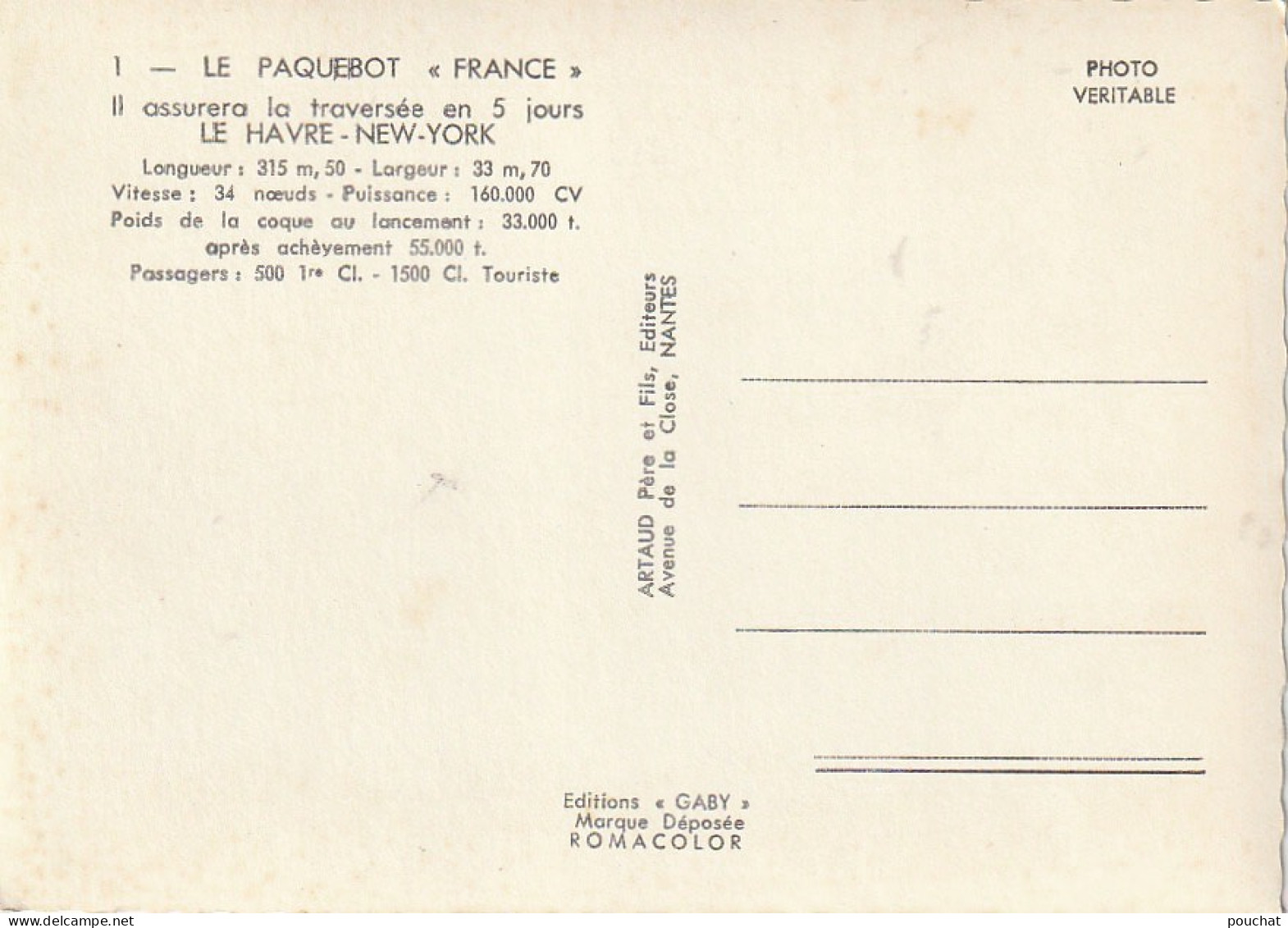 RE 12 - LE PAQUEBOT " FRANCE " - CARTE COULEURS - 2 SCANS - Dampfer
