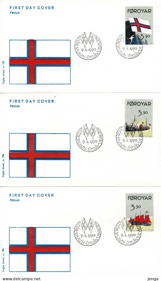 Faroe Islands 1990; The 50th Anniversary Of The Faroese Flag.  Set Of 3 And Souvenir Sheet On FDC (Foghs Cover). - Féroé (Iles)