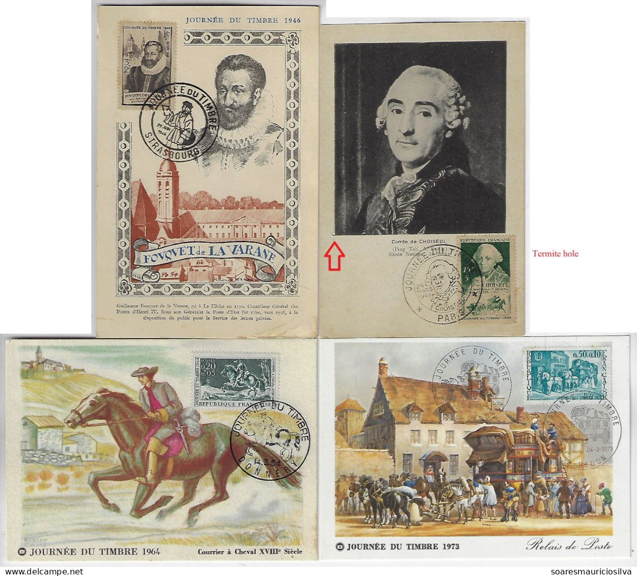 France 1946/1977 4 Maximum Card National Stamp Day Cheval Stagecoach Fouquet De La Varenne Duke Of Choiseul - 1940-1949