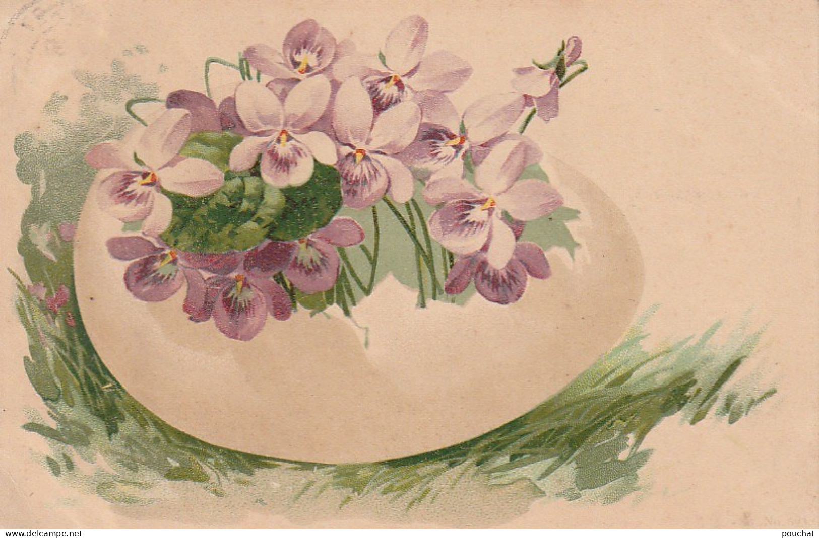 RE 13- CARTE FANTAISIE COLORISEE - OEUF AVEC FLEURS VIOLETTES - 2 SCANS  - Pascua