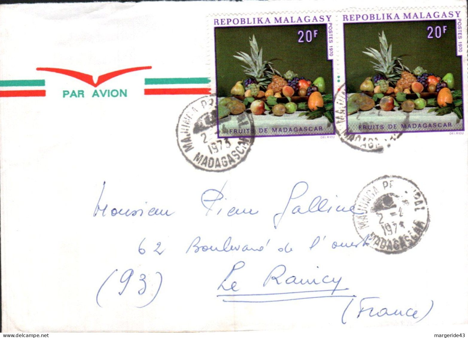 MADAGASCAR AFFRANCHISSEMENT COMPOSE SUR LETTRE POUR LA FRANCE 1973 - Madagaskar (1960-...)