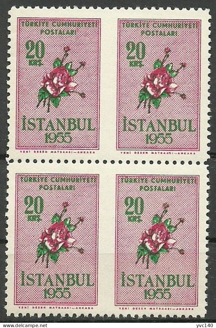 Turkey; 1955 Istanbul Spring And Flower Festivity 20 K. ERROR "Partially Imperf." Block Of 4 - Unused Stamps