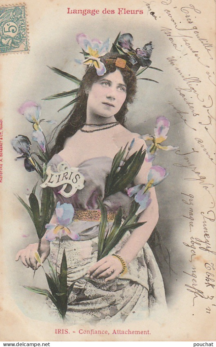 RE 17-  LANGAGE DES FLEURS - L' IRIS - FEMME AVEC COURONNE D' IRIS  - BERGERET - CARTE FANTAISIE COLORISEE - - 2 SCANS - Women