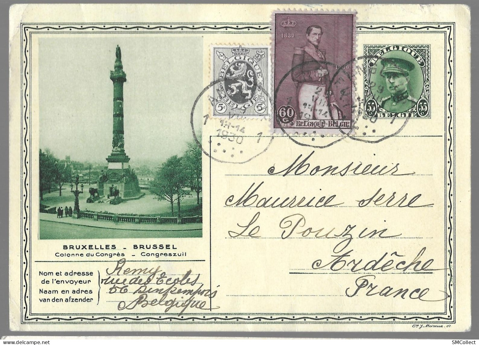 Belgique, Entier Postal "colonne Du Congrès" 35 Centimes + Complément De 65 Centimes (étranger) TAD 1930 (GF3919) - Cartes Postales 1909-1934