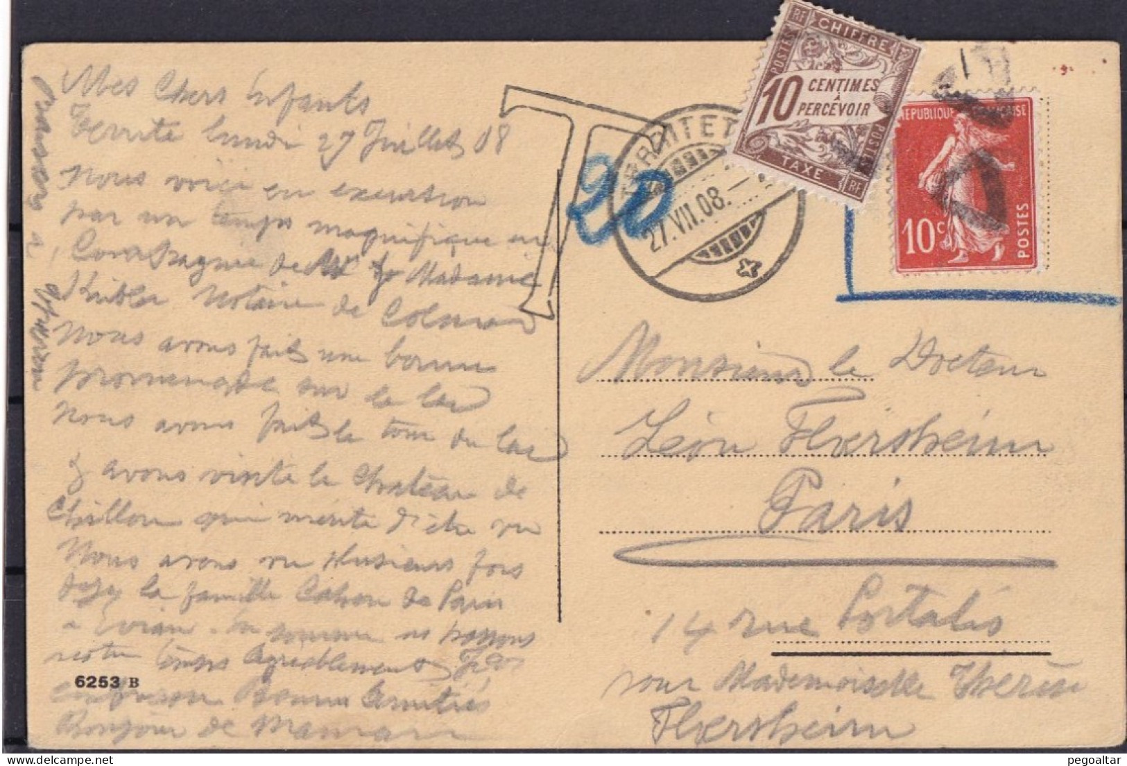 Origine Suisse Timbre France (simple Taxe) 1908. - 1859-1959 Briefe & Dokumente