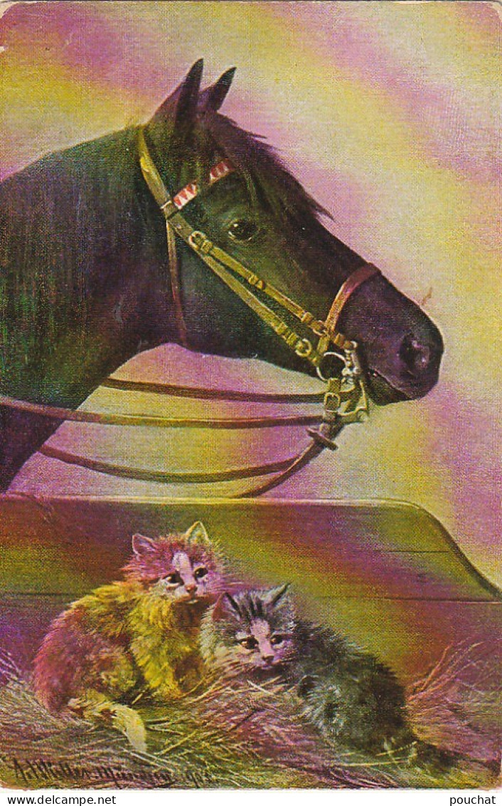 RE 19- CHEVAL ET COUPLE DE CHATONS DANS TAS DE FOIN - ILLUSTRATEUR MULLER - 2 SCANS - Horses