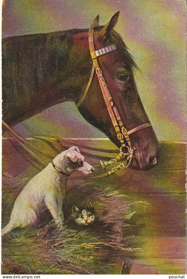 RE 19- CHEVAL AVEC CHIEN ET CHAT DANS FOIN  - ILLUSTRATEUR MULLER - 2 SCANS - Paarden