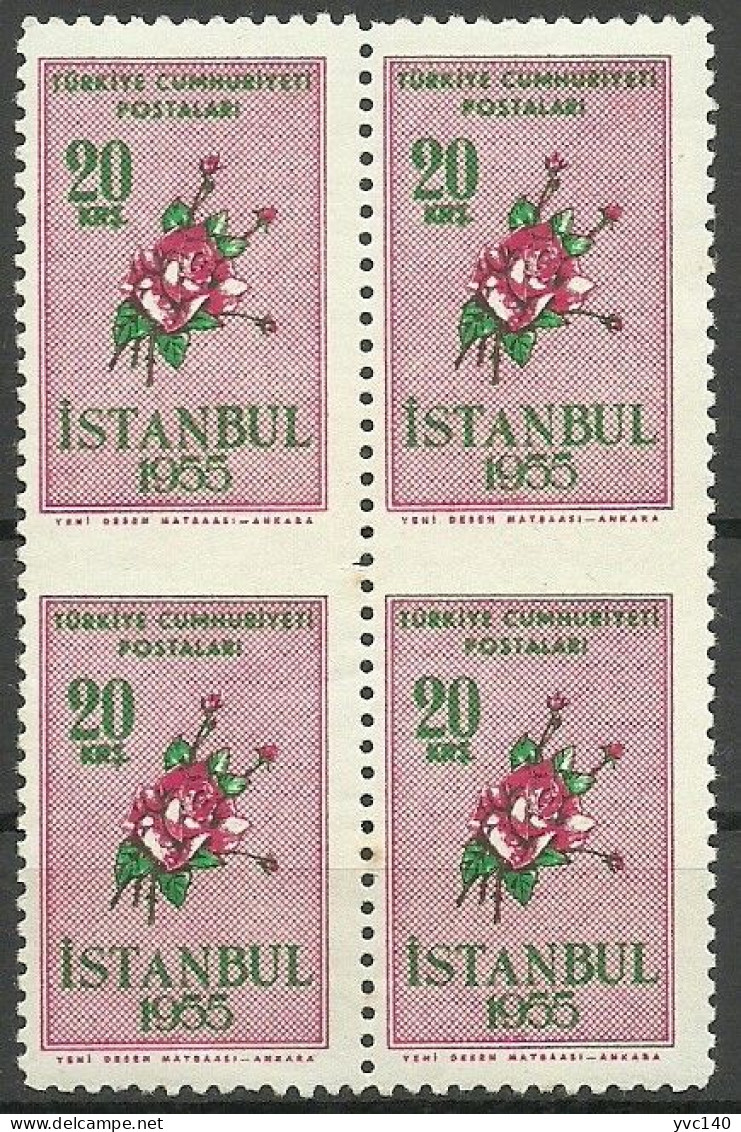 Turkey; 1955 Istanbul Spring And Flower Festivity 20 K. ERROR "Partially Imperf." Block Of 4 - Unused Stamps