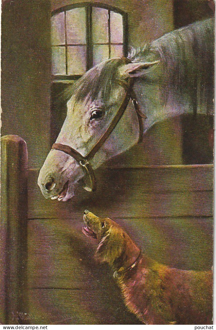 RE 19- CHEVAL DANS L' ECURIE AVEC CHIEN  - ILLUSTRATEUR MULLER - 2 SCANS - Pferde