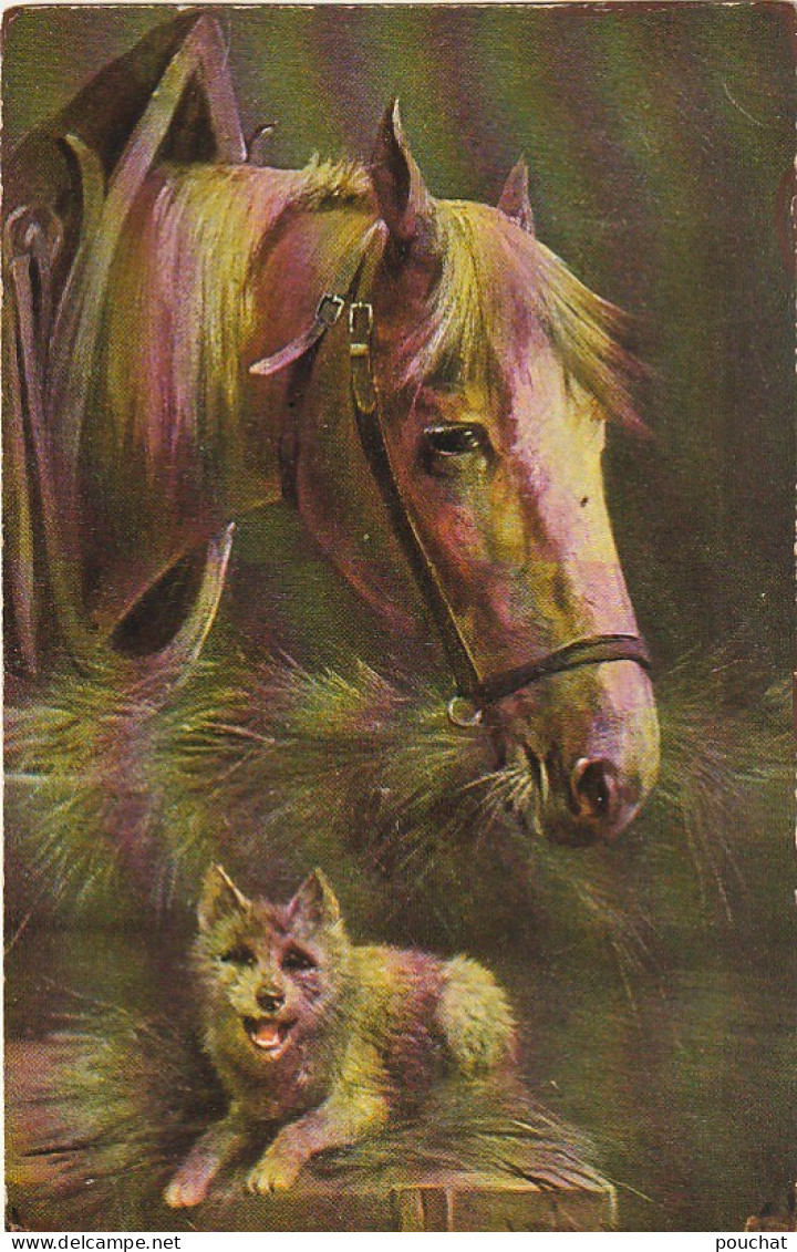 RE 19- CHEVAL AVEC FOIN DANS L' ECURIE ET CHIEN  - ILLUSTRATEUR MULLER - 2 SCANS - Horses