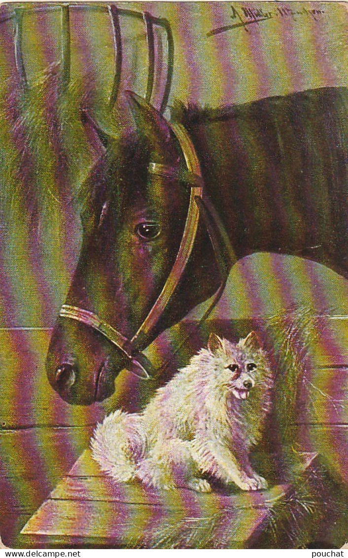 RE 19- CHEVAL DANS ECURIE AVEC CHIEN  - ILLUSTRATEUR MULLER - 2 SCANS - Pferde