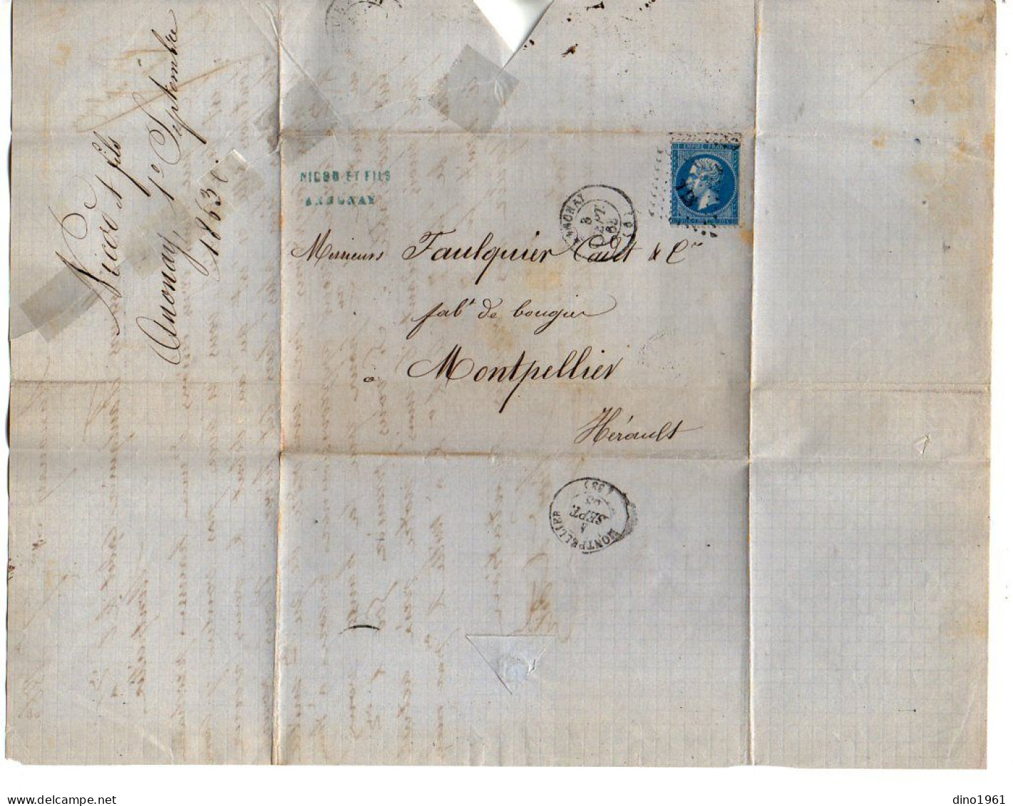 TB 4798 - 1863 - LAC - Lettre De M. NICOD & Fils à ANNONAY Pour M. FAULQUIER, Fabricant De Bougies à MONTPELLIER - 1849-1876: Klassik