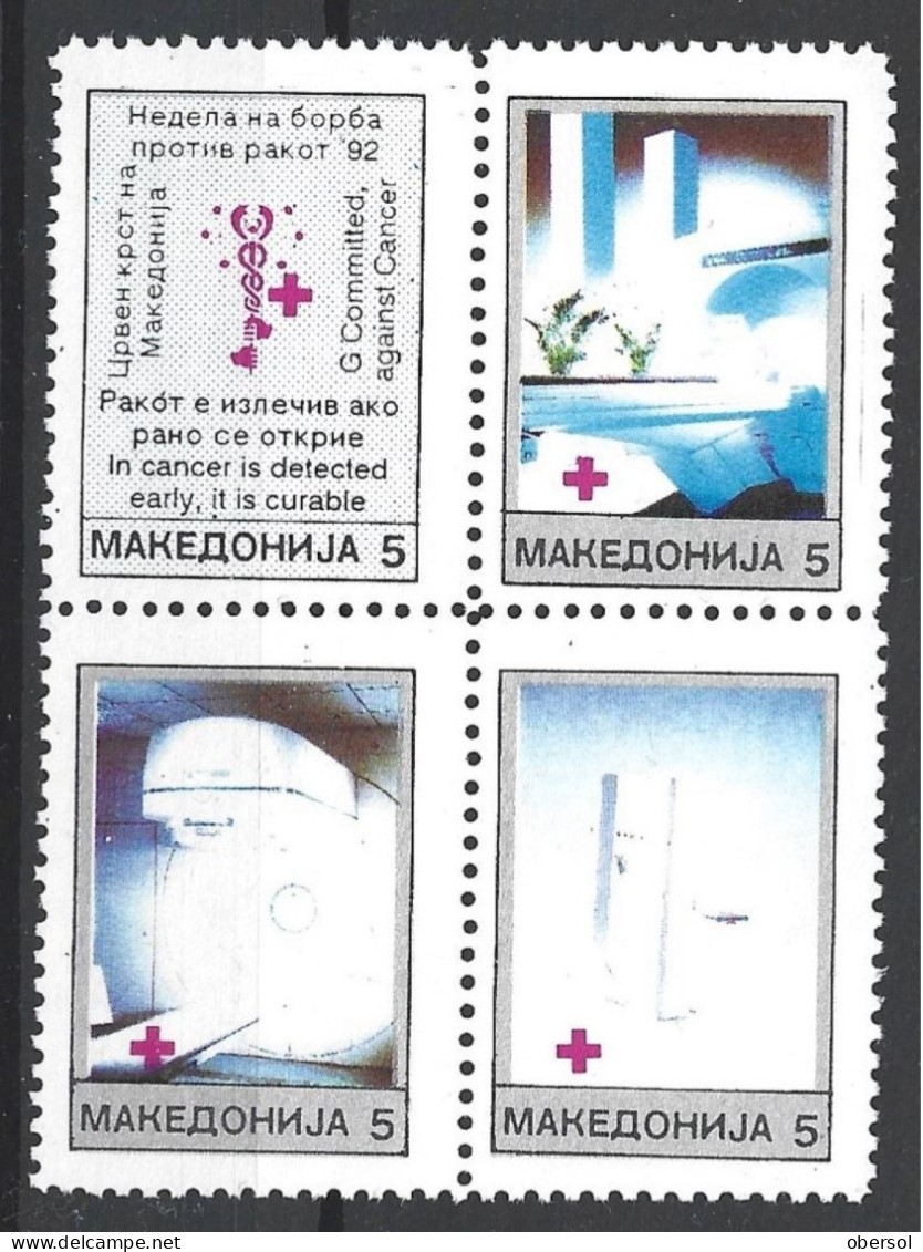 Macedonia 1992 Red Cross Cancer Detection Lab Equipment Complete Block Of Four MNH - Macedonia Del Norte