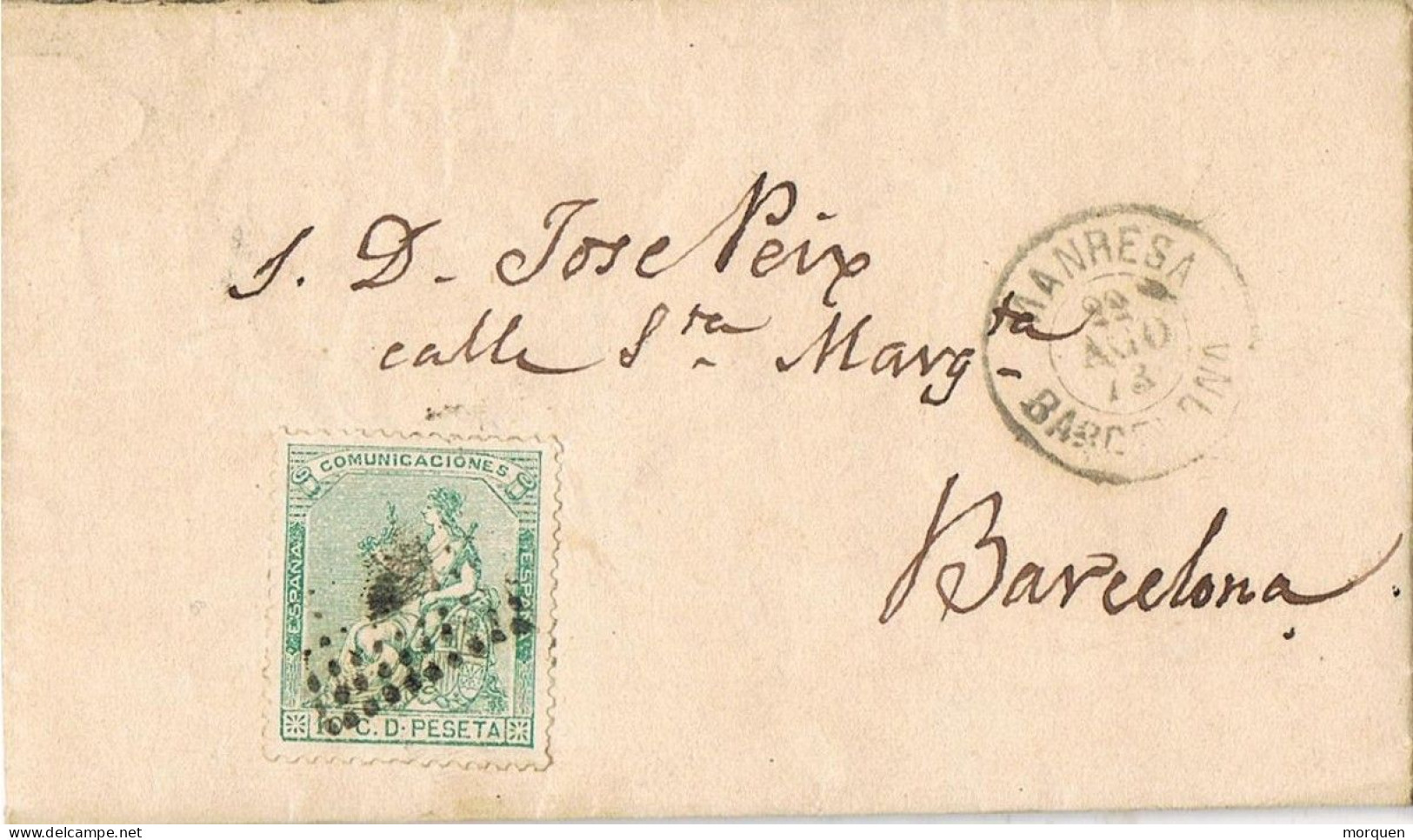 53970. Carta Entera MANRESA (Barcelona) 1873. Alegoria 10 Cts, Fechador Palo Recto - Storia Postale