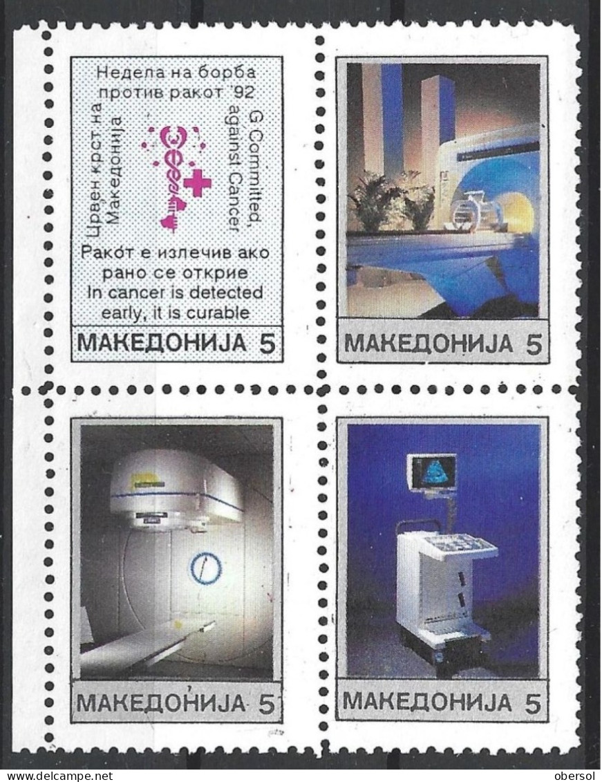 Macedonia 1992 Red Cross Cancer Detection Lab Equipment Complete Block Of Four MNH (2) - North Macedonia