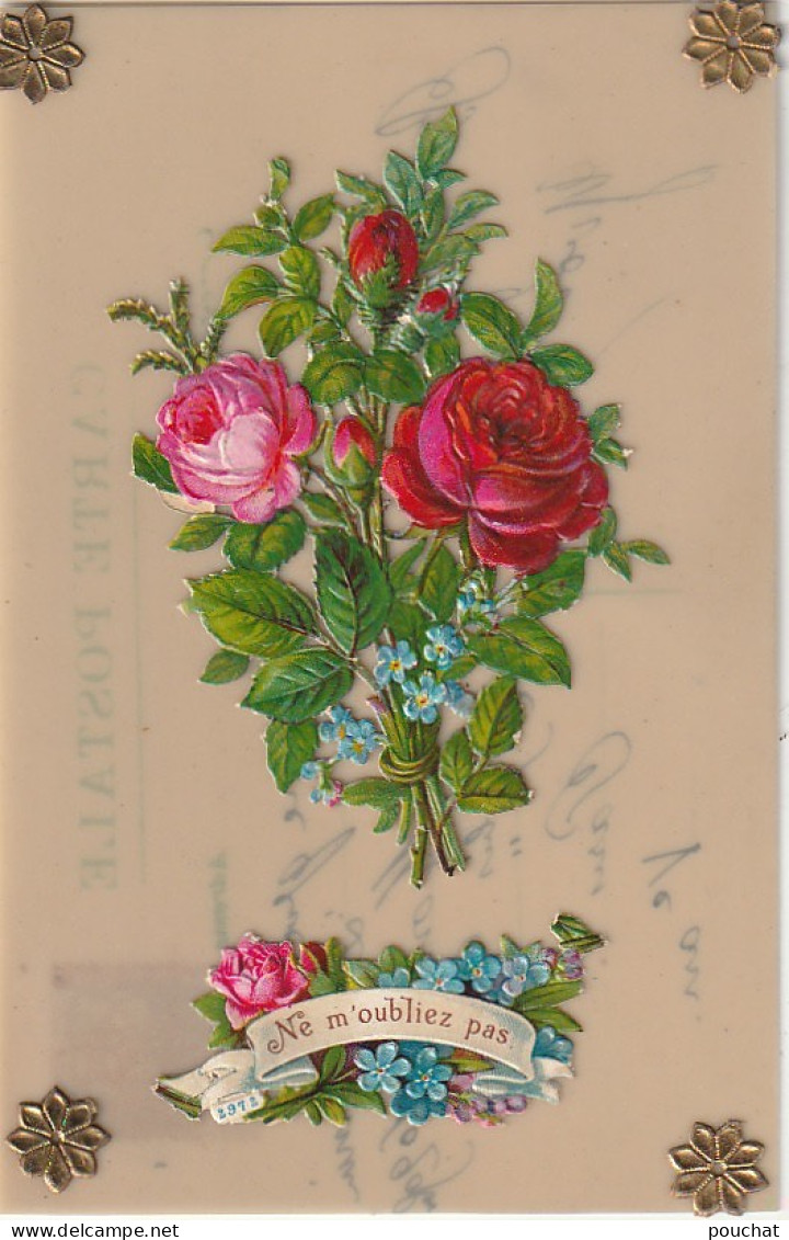 RE - " NE M' OUBLIEZ PAS " - CARTE CELLULOID AJOUT DE CHROMOS  FLEURS ET ETOILES DOREES - 2 SCANS - Bloemen