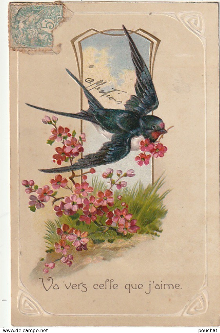 RE - LOT DE 4 CARTES  GAUFREES  FANTAISIES - HIRONDELLE AVEC TREFLE , FLEUR DANS SON BEC - PARTERRE DE FLEURS - 8 SCANS - Sonstige & Ohne Zuordnung