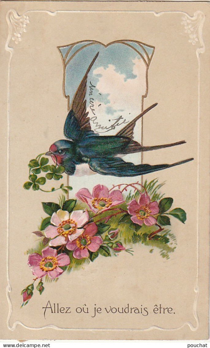 RE - LOT DE 4 CARTES  GAUFREES  FANTAISIES - HIRONDELLE AVEC TREFLE , FLEUR DANS SON BEC - PARTERRE DE FLEURS - 8 SCANS - Sonstige & Ohne Zuordnung