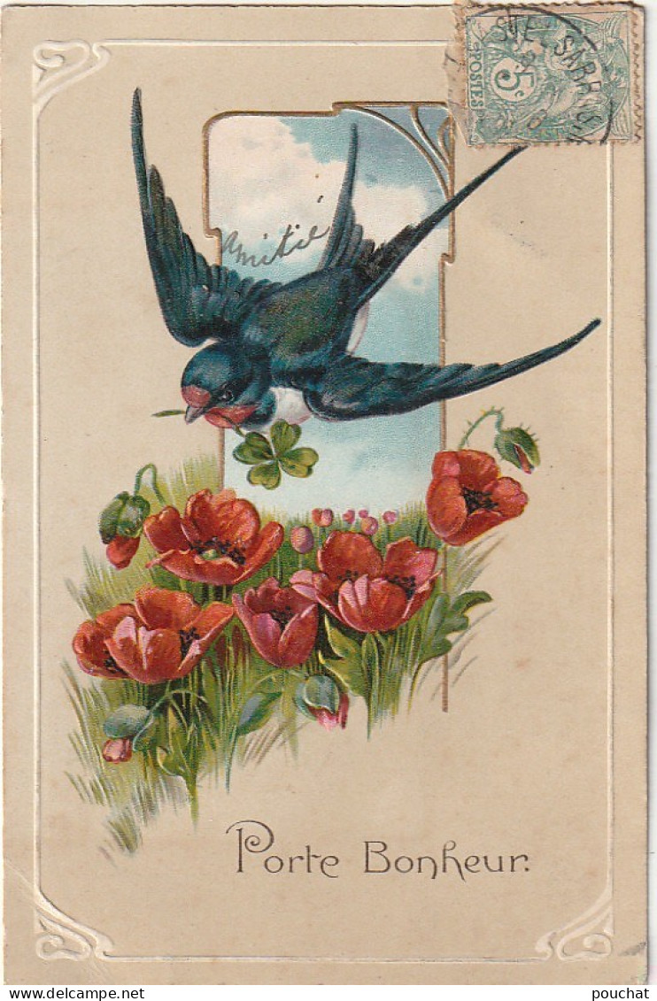 RE - LOT DE 4 CARTES  GAUFREES  FANTAISIES - HIRONDELLE AVEC TREFLE , FLEUR DANS SON BEC - PARTERRE DE FLEURS - 8 SCANS - Sonstige & Ohne Zuordnung