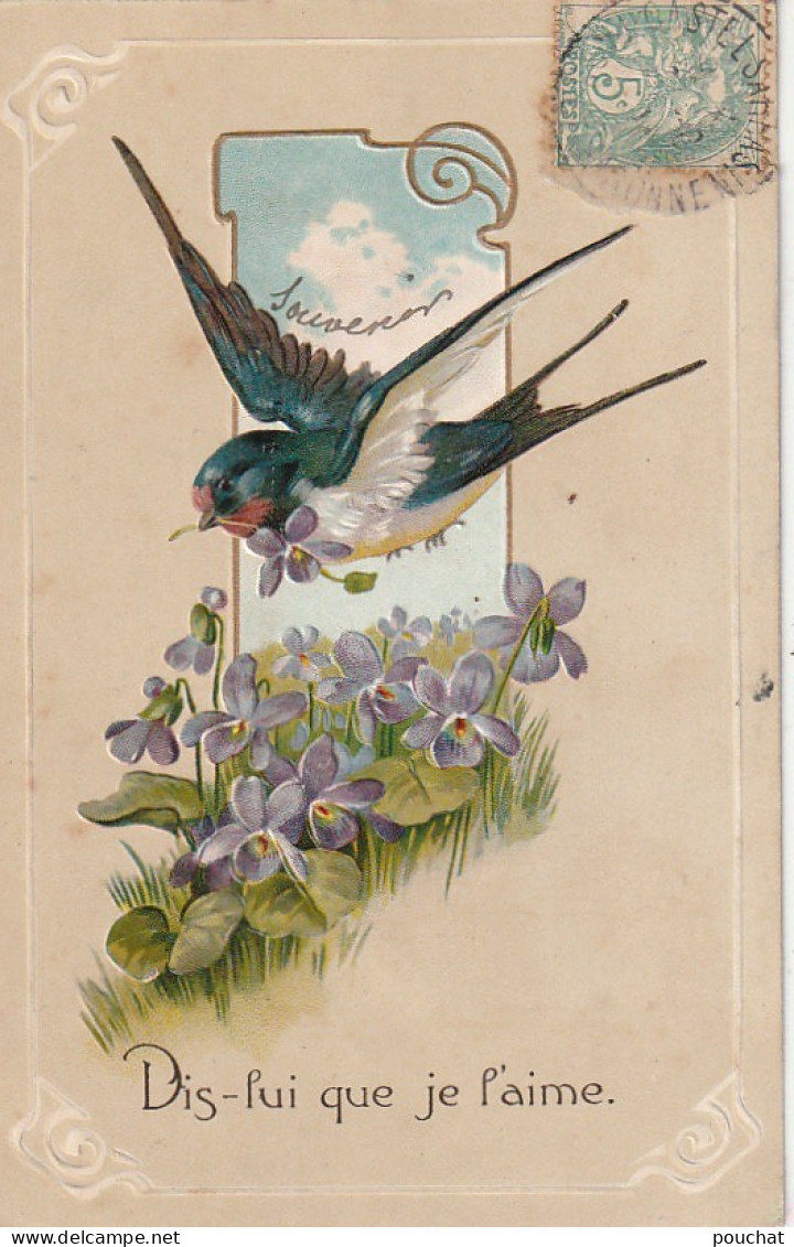 RE - LOT DE 4 CARTES  GAUFREES  FANTAISIES - HIRONDELLE AVEC TREFLE , FLEUR DANS SON BEC - PARTERRE DE FLEURS - 8 SCANS