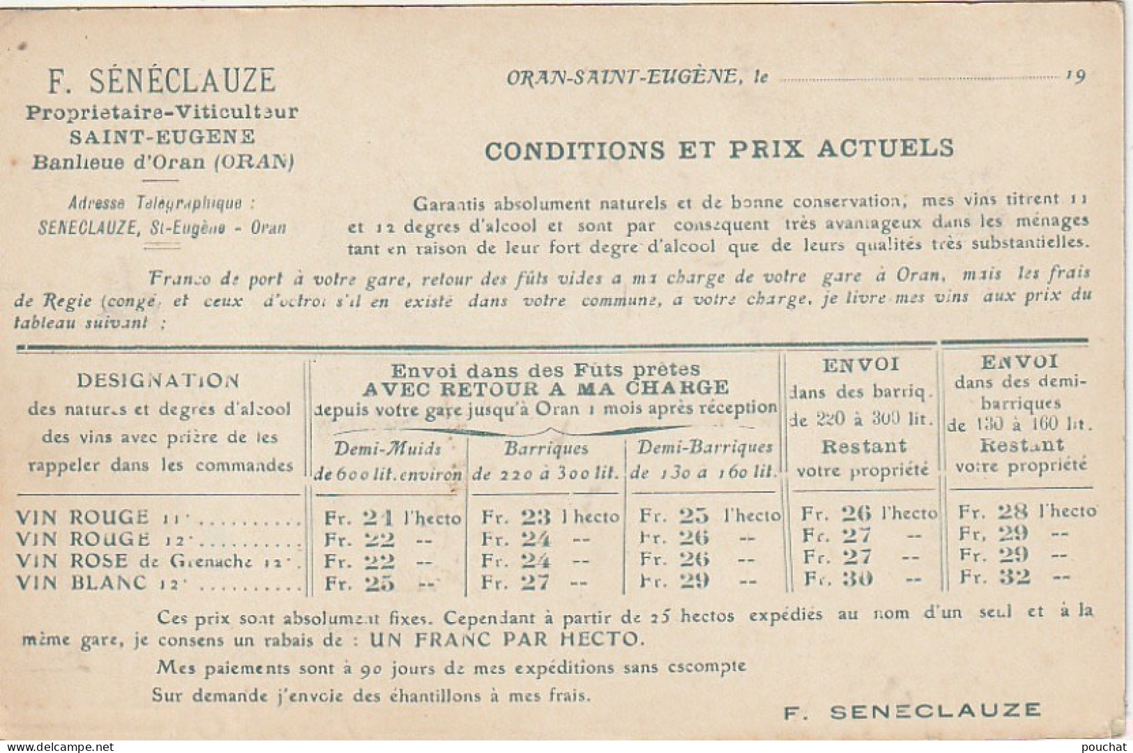 RE 23- (ALGERIE) CARTE TARIFAIRE F . SENECLAUZE , VITICULTEUR SAINT EUGENE - MARCHE AU BOIS MORT - 2 SCANS - Oran