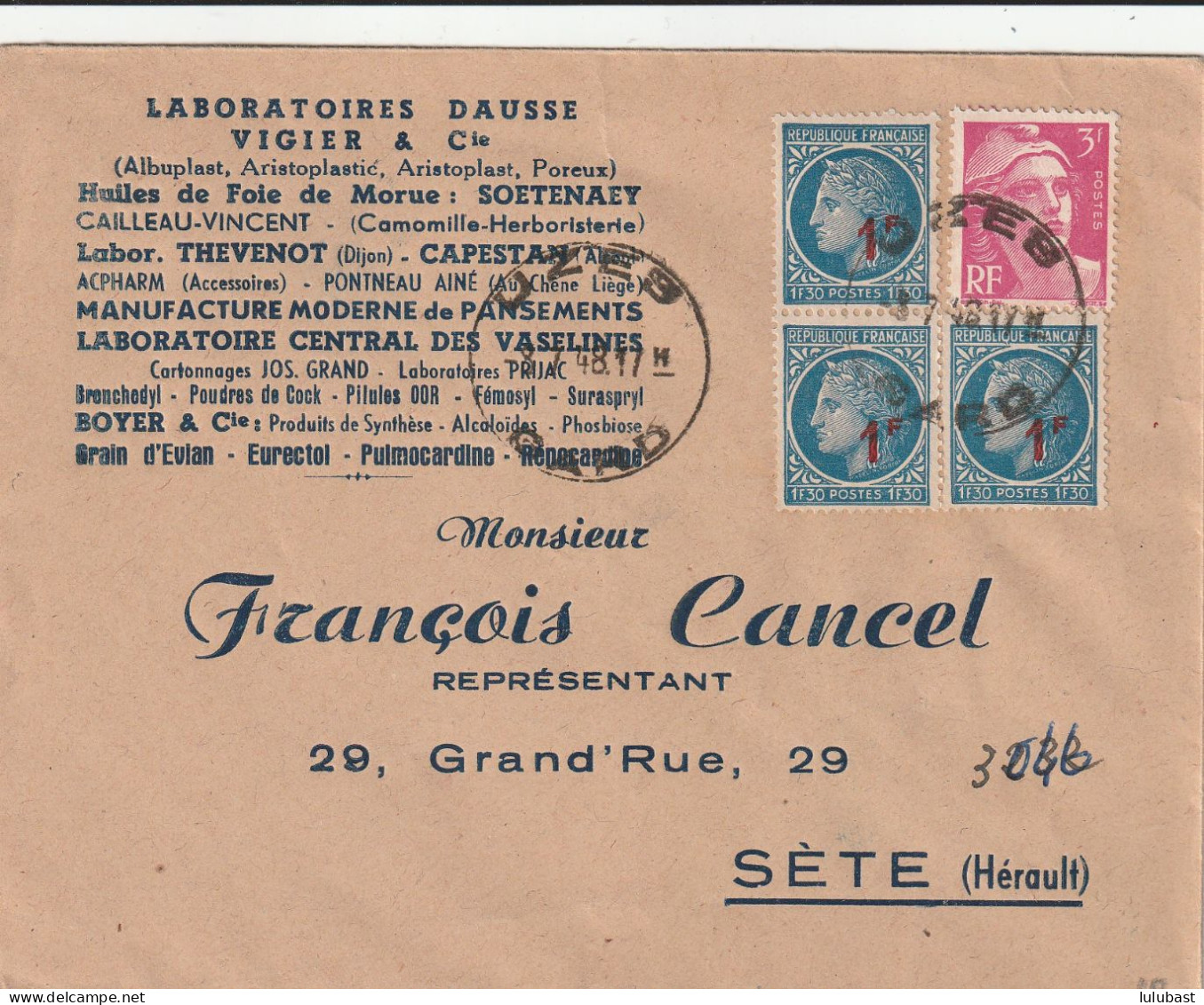 UZES (Gard) : Lettre Des Laboratoires DAUSSE / VIGIER - Afft à 6F. - T. à D. Horoplan. (TTB.) - Handstempel