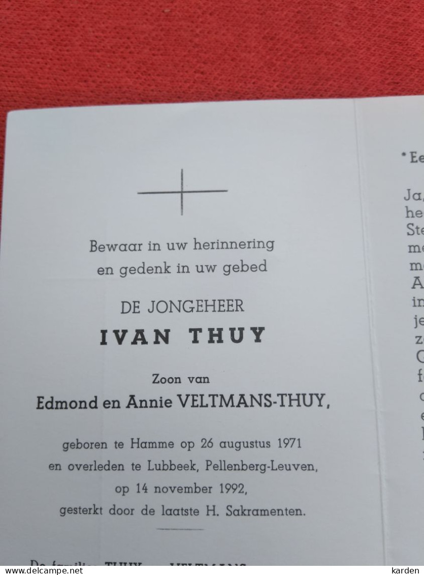 Doodsprentje Ivan Thuy / Hamme 26/8/1971 Lubbeek Pellenberg Leuven 14/11/1992 ( Z.v. E Thuy En Annie Veltmans ) - Religion & Esotérisme