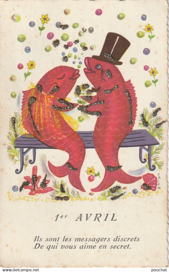 SO 4- COUPLE DE POISSONS HUMANISES AVEC CHAPEAU HAUT DE FORME SUR UN BANC - AJOUT DE BRILLANTS - 2 SCANS - April Fool's Day