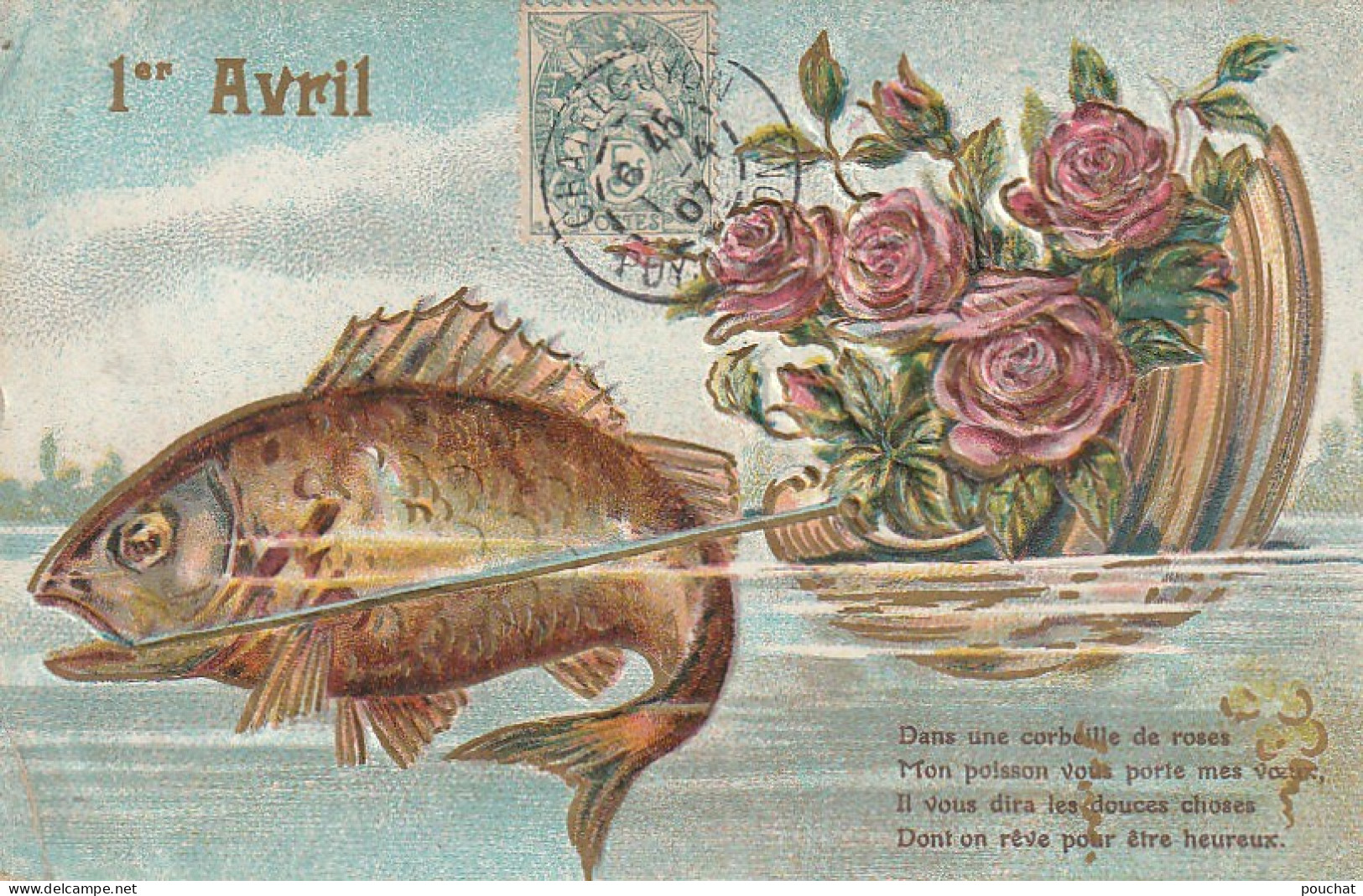 SO 4- 1er AVRIL - CARTE FANTAISIE GAUFREE - POISSON TRACTANT COQUE DE ROSES - 2 SCANS - Erster April