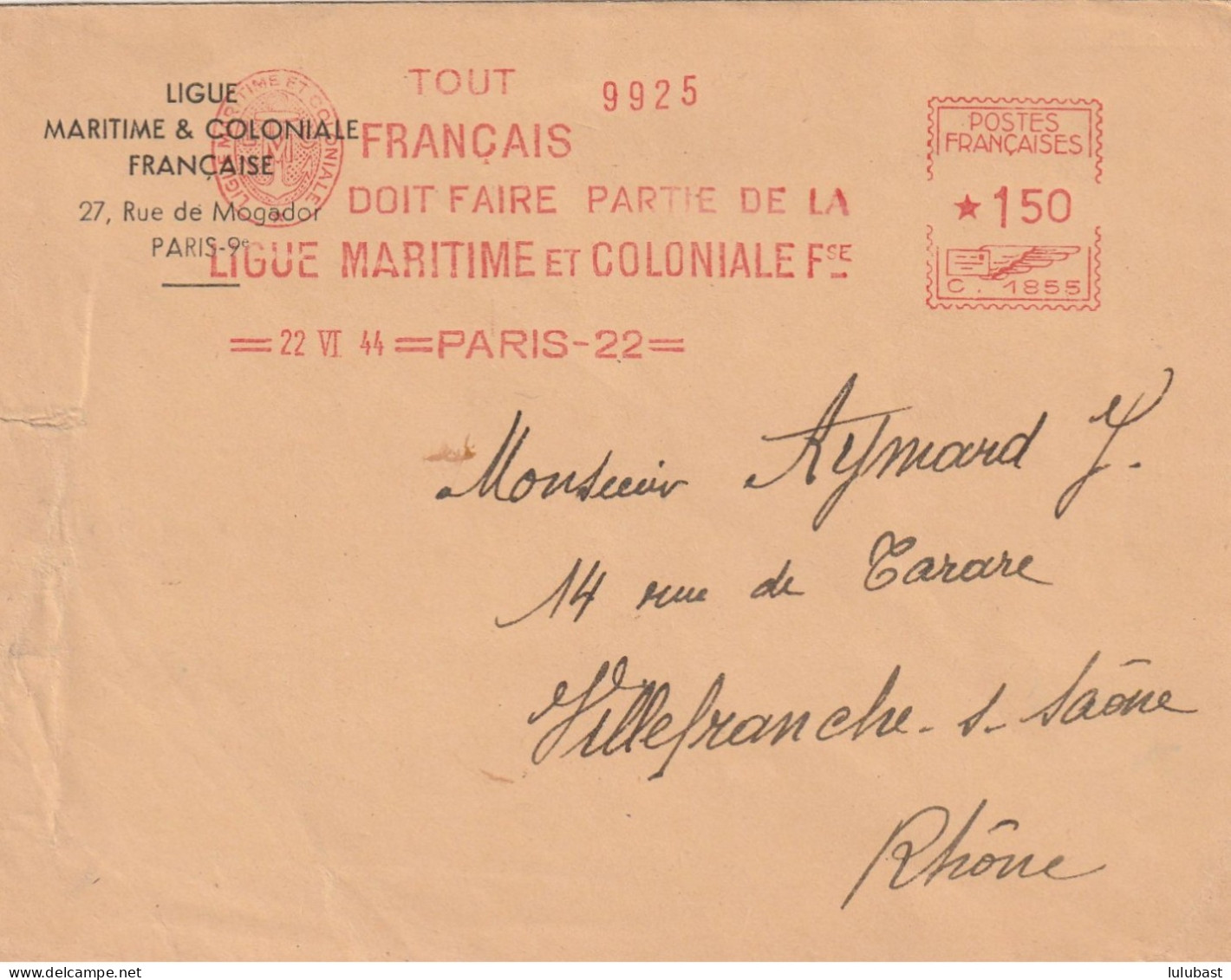 PARIS 22 - E M A " TOUT FRANCAIS DOIT FAIRE PARTIE DE LA LIGUE MARITIME Et COLONIALE ..." - EMA (Print Machine)