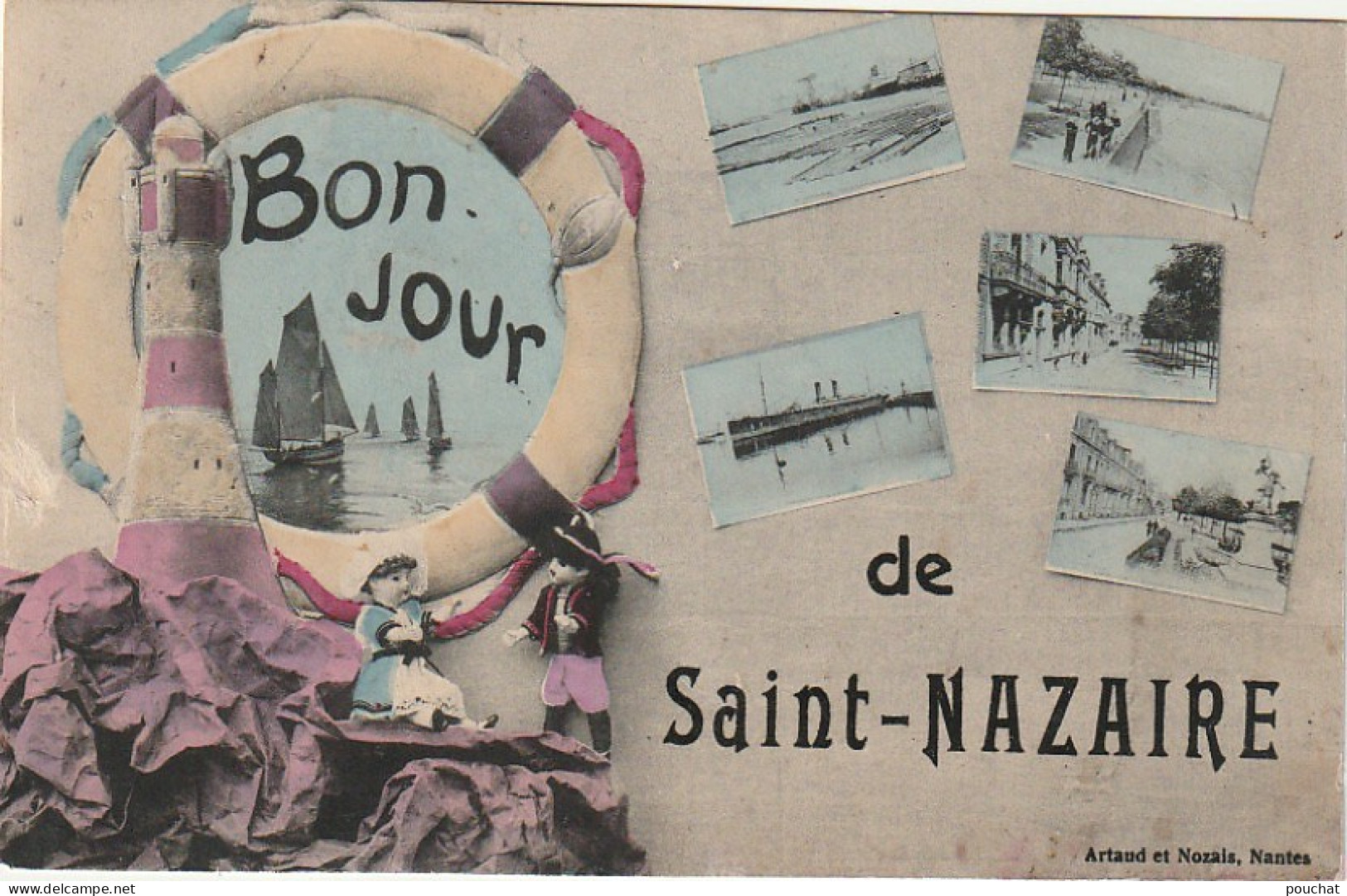 SO 5-(44) UN BONJOUR DE SAINT NAZAIRE - CARTE FANTAISIE COLORISEE ,  MULTIVUES  - BOUEE , PHARE - 2 SCANS - Saint Nazaire