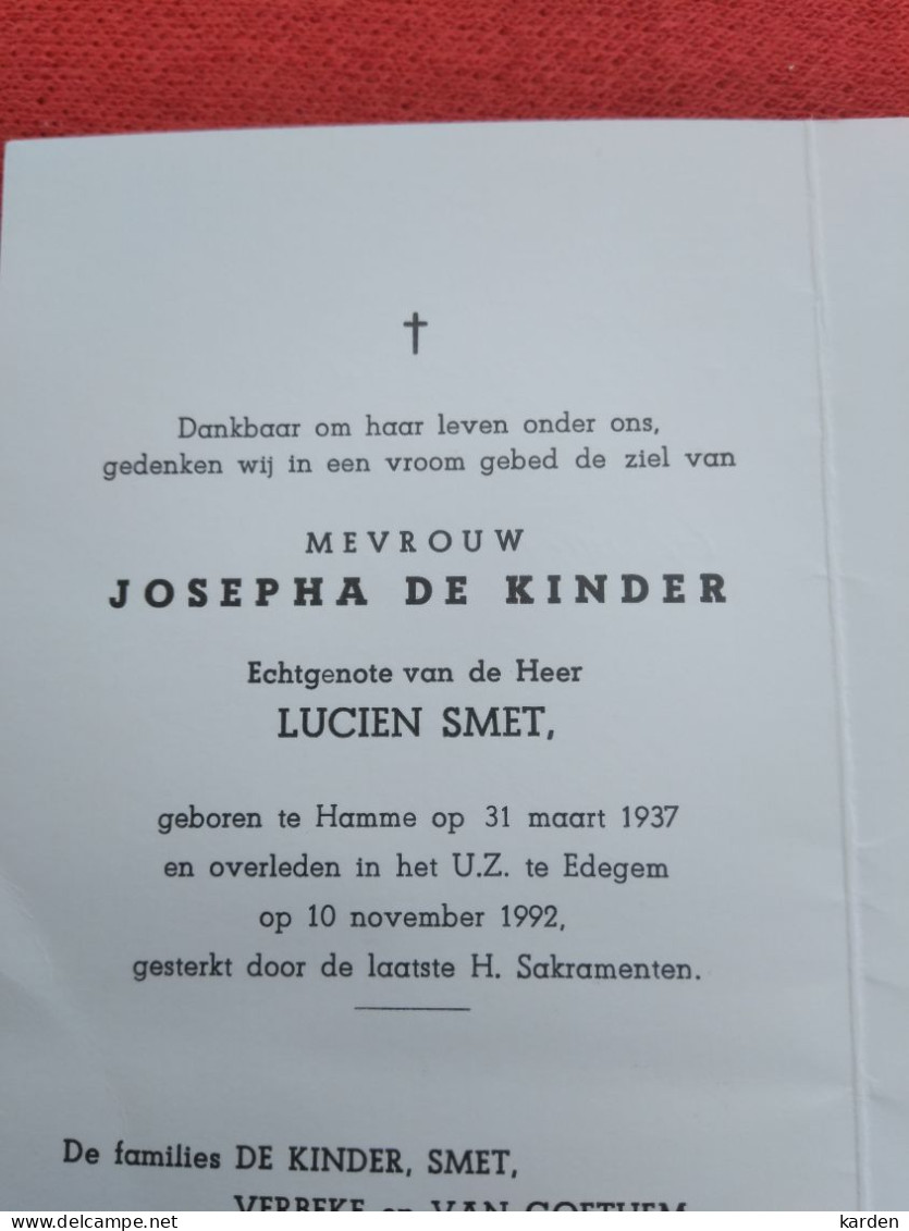 Doodsprentje Josepha De Kinder / Hamme 31/3/1937 Edegem 10/11/1992 ( Lucien Smet ) - Religion &  Esoterik