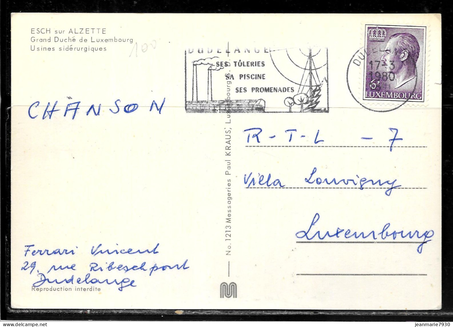 H394 - CP DE DUDELANGE DU 17/03/80 - Storia Postale