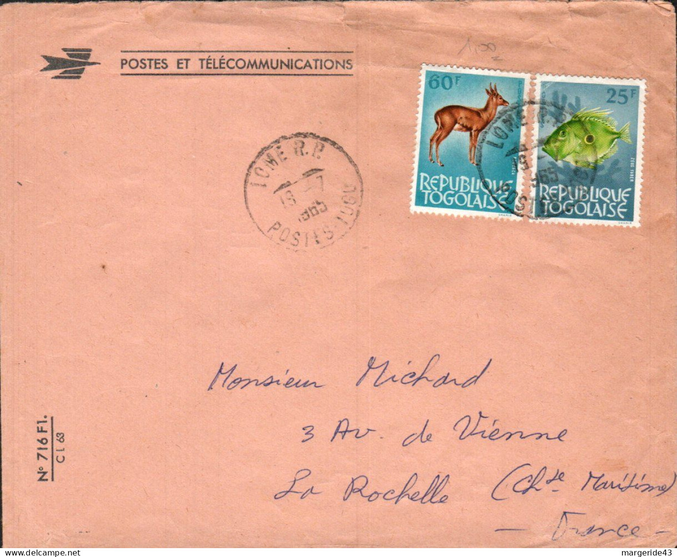 TOGO AFFRANCHISSEMENT COMPOSE SUR LETTRE RECOMMANDEE DE LOME POUR LA FRANCE 1964 - Storia Postale