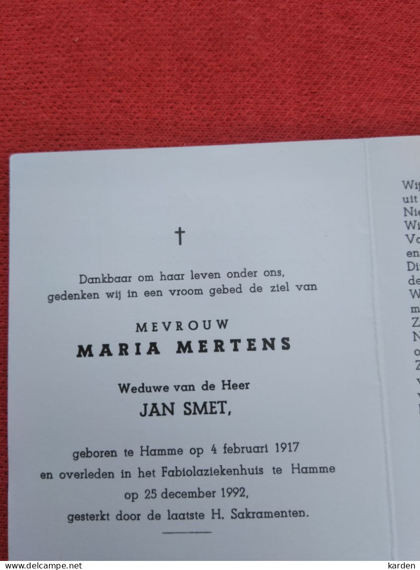 Doodsprentje Maria Mertens / Hamme 4/2/1917 - 25/12/1992 ( Jan Smet ) - Religion &  Esoterik