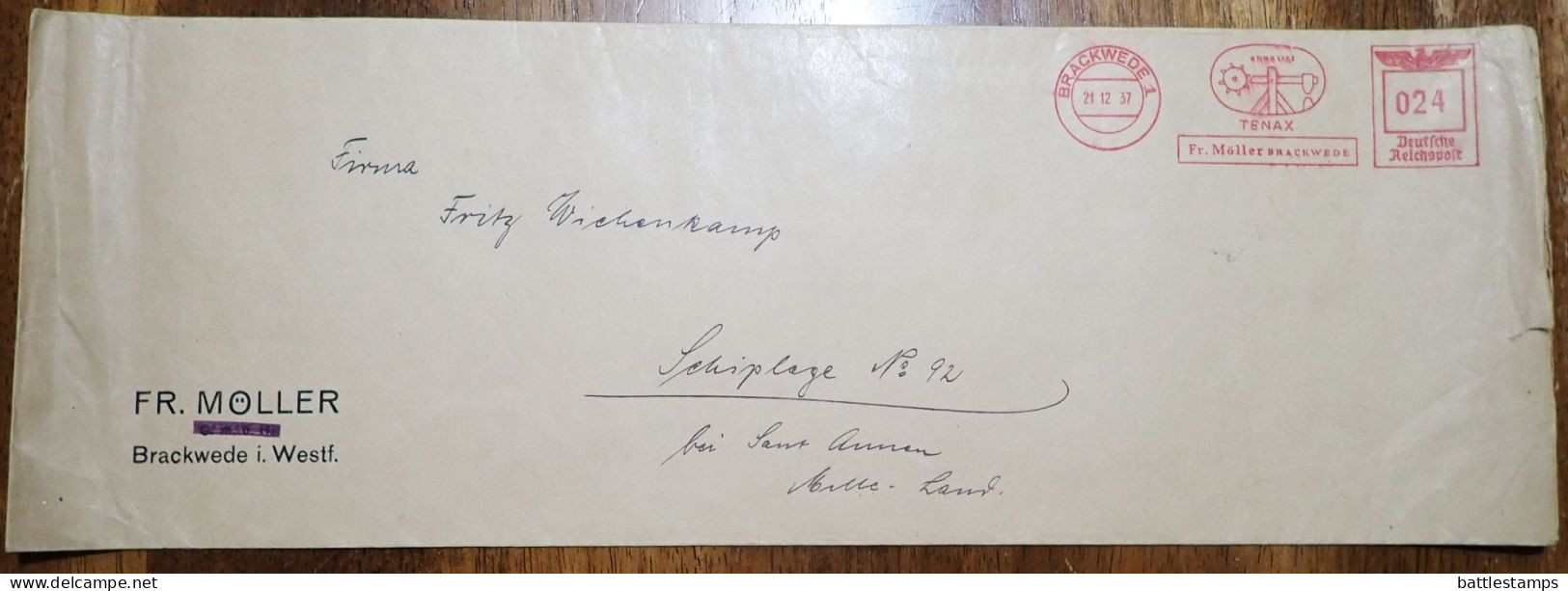 Germany 1937 Meter Cover; Brackwede - Fr. Möller; 24pf. Meter With TENAX Slogan - Franking Machines (EMA)