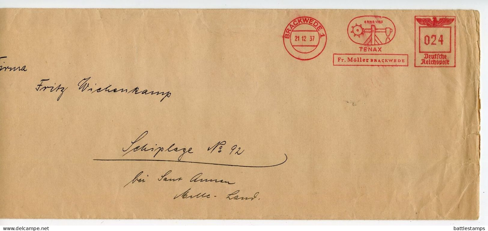 Germany 1937 Meter Cover; Brackwede - Fr. Möller; 24pf. Meter With TENAX Slogan - Macchine Per Obliterare (EMA)