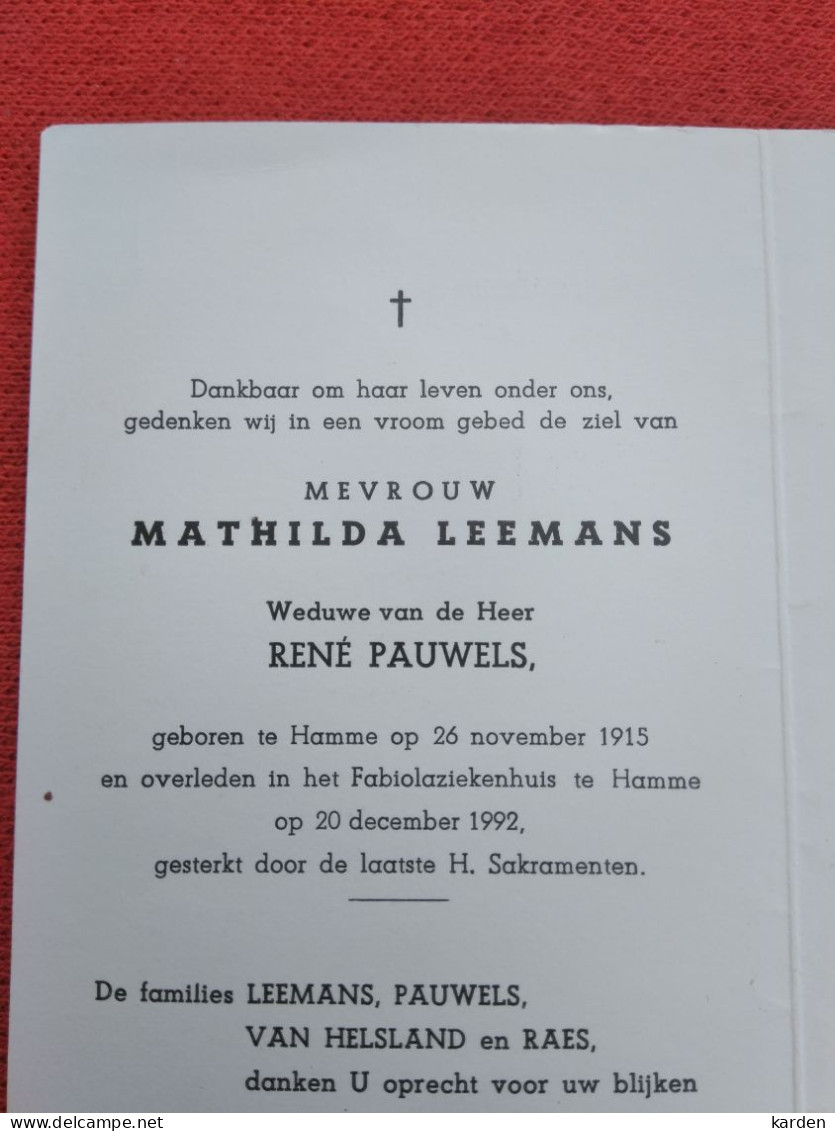 Doodsprentje Mathilda Leemans / Hamme 26/11/1915 - 20/12/1992 ( René Pauwels ) - Religion & Esotericism