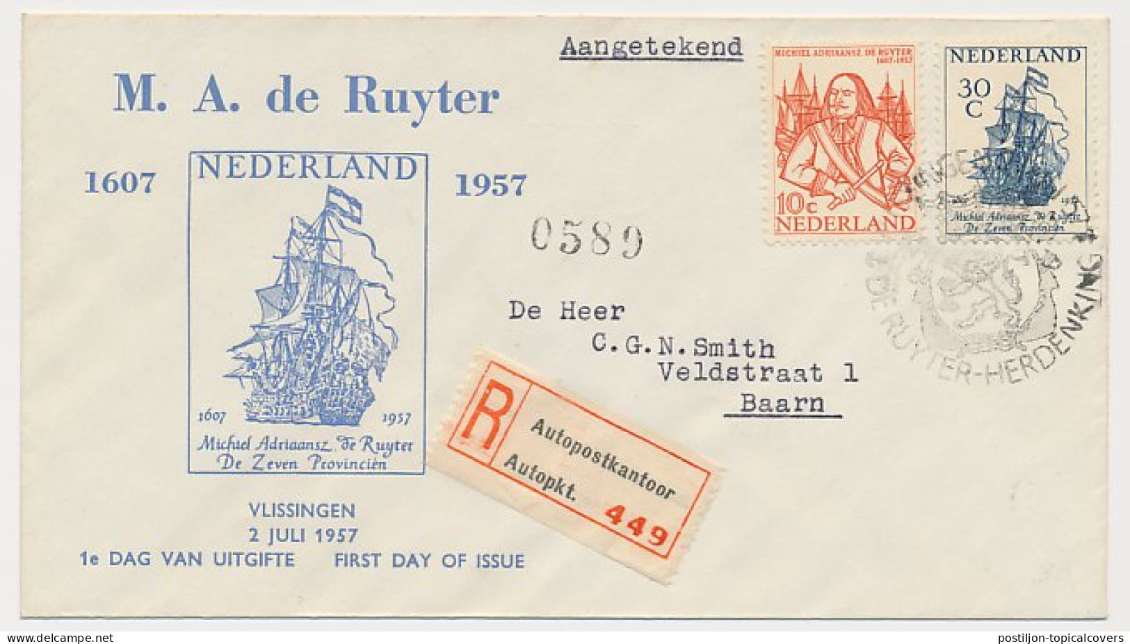FDC / 1e Dag Em. De Ruyter 1957 - Vlissingen Autopostkantoor - Unclassified