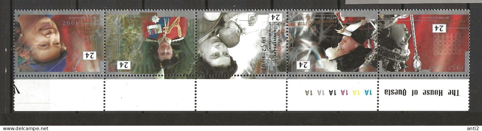 Great Britain 1992 40th Anniversary Of Queen Elizabeth II's Accession To The Throne. Mi 1387-1391 In Strip Of 5, MNH(**) - Unused Stamps