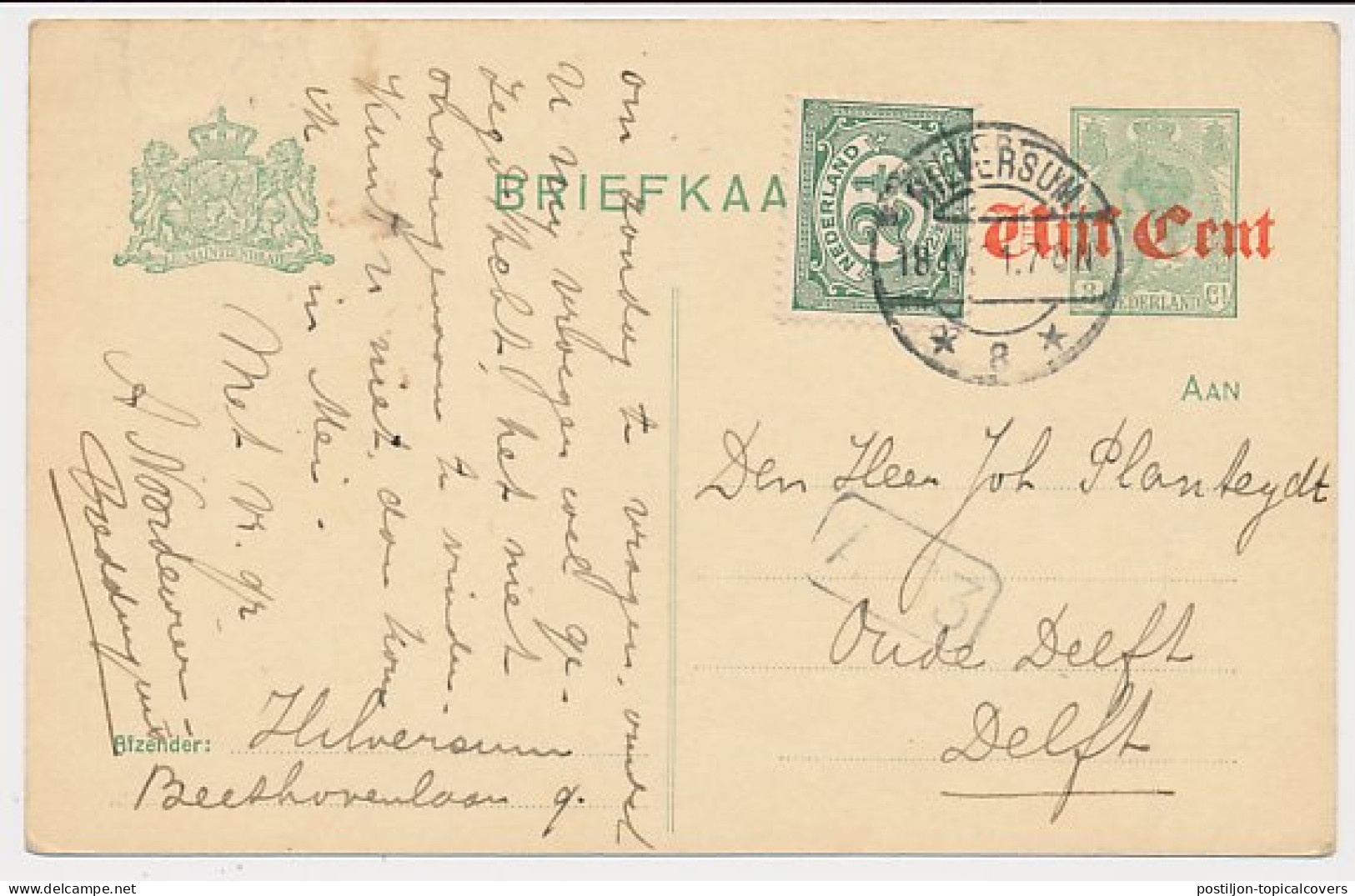 Briefkaart G. 114 I / Bijfrankering Hilversum - Delft 1921 - Ganzsachen