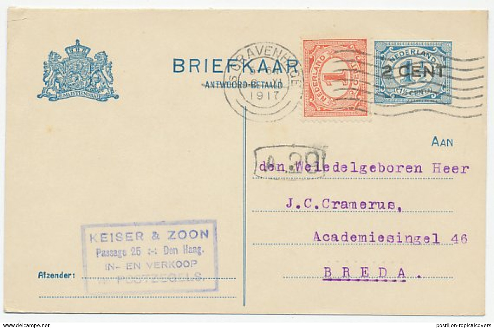 Briefkaart G. 95 I A-krt / Bijfrankering Den Haag - Breda 1917 - Ganzsachen