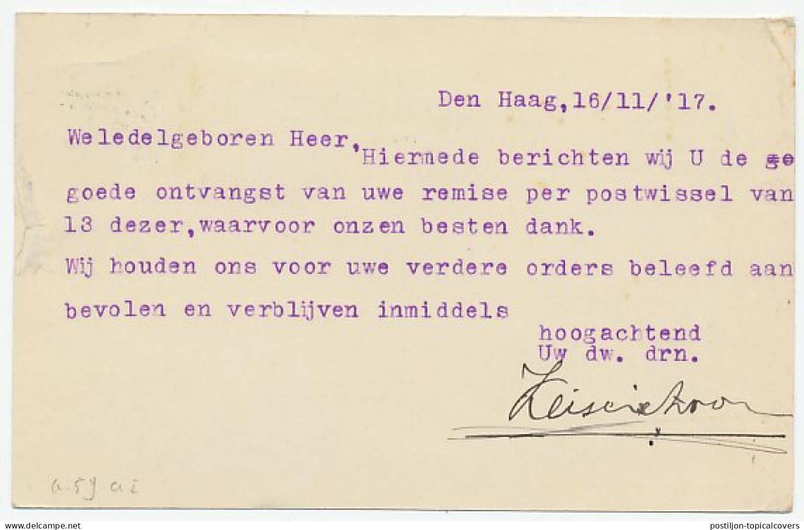 Briefkaart G. 95 I A-krt / Bijfrankering Den Haag - Breda 1917 - Ganzsachen