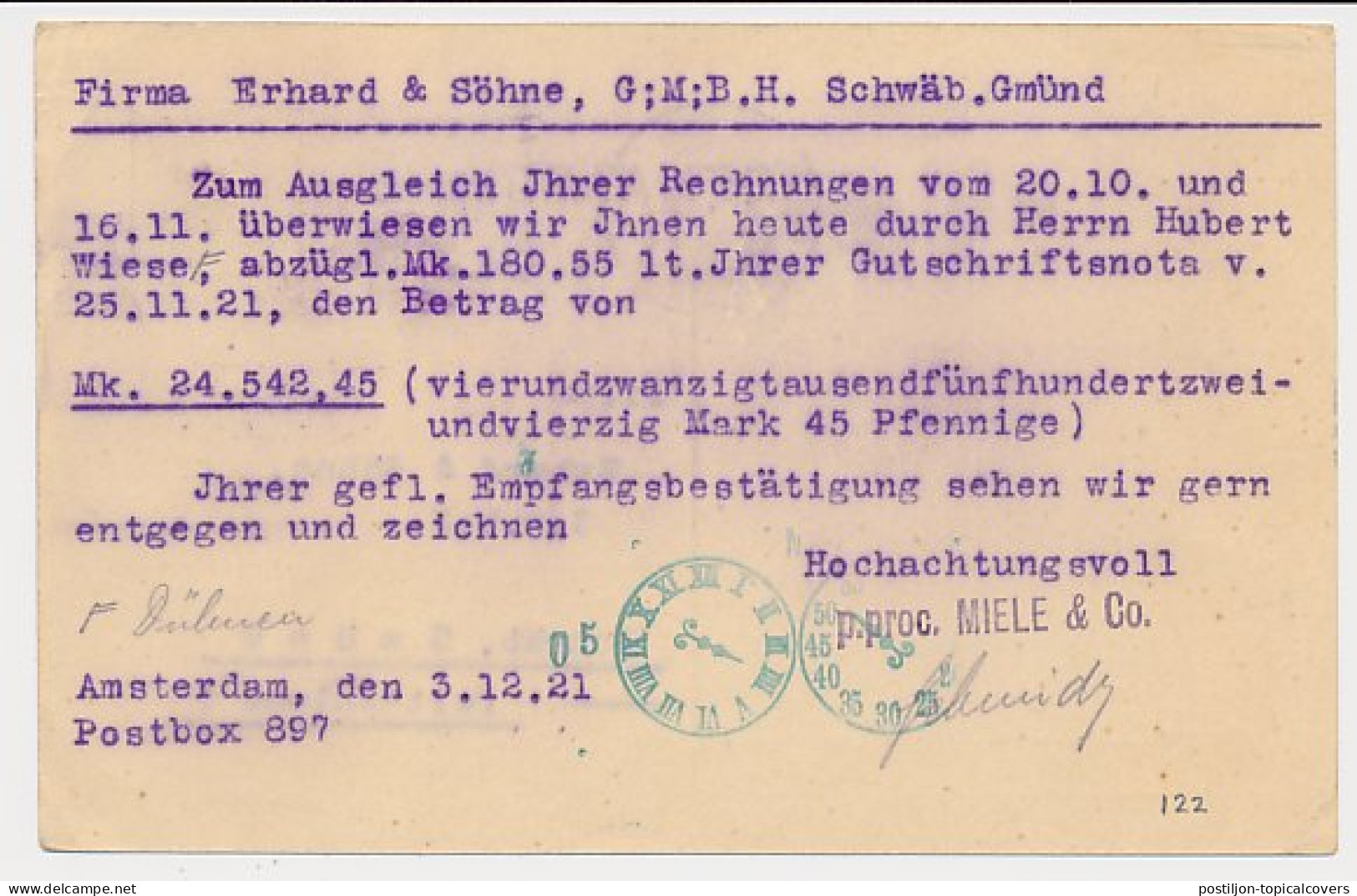 Briefkaart G. 122 I / Bijfrankering Amsterdam - Duitsland 1921 - Ganzsachen