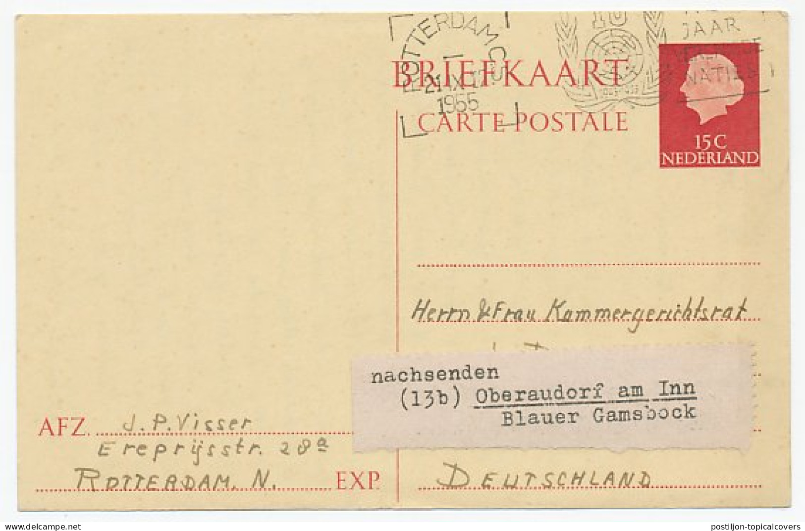 Briefkaart G. 317 Rotterdam - Duitsland 1955 ( Etiket : Nazenden - Ganzsachen