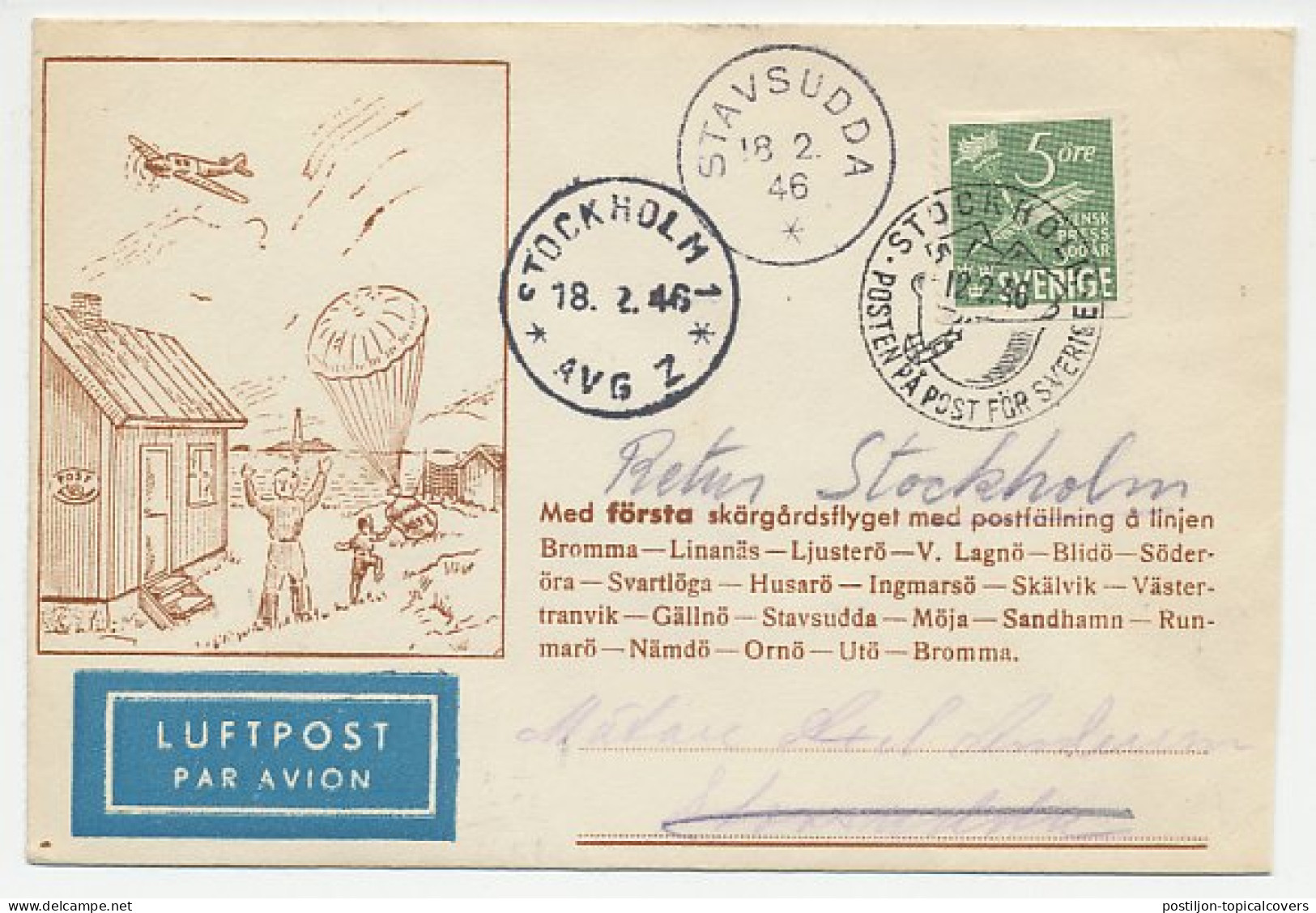 Cover / Postmark Sweden 1946 Parachute Airmail - Vliegtuigen