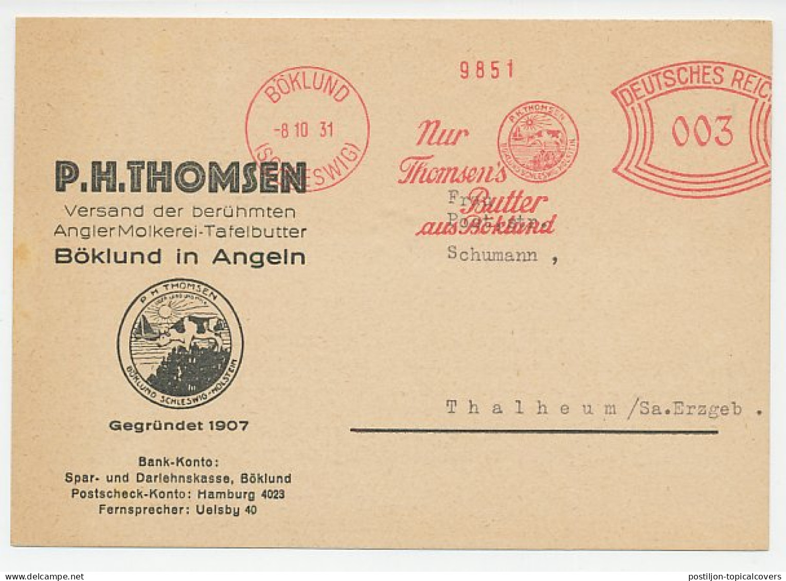 Meter Card Deutsches Reich / Germany 1931 Milk - Butter - Cow - Holstein - Ernährung